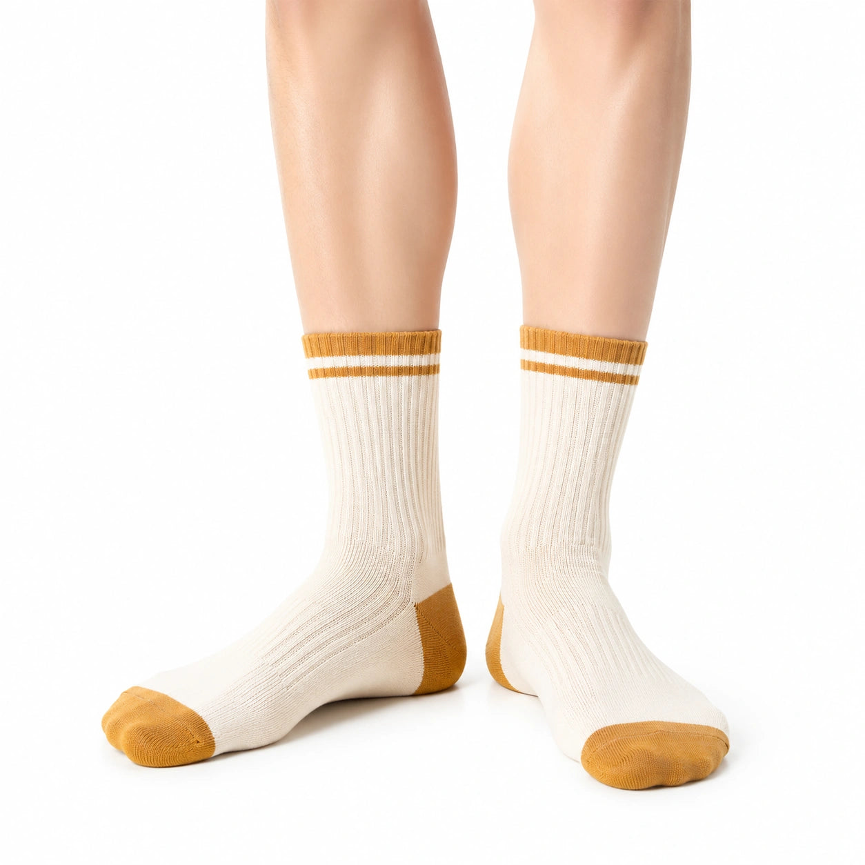 Calze sportive 39-42 in maglia a costine avorio e senape