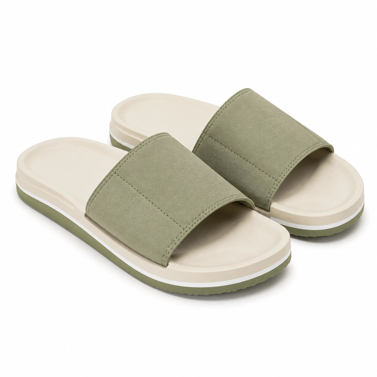 Ciabatte 42/43 verde salvia e beige con fascia in tessuto - suola sintetica per tempo libero